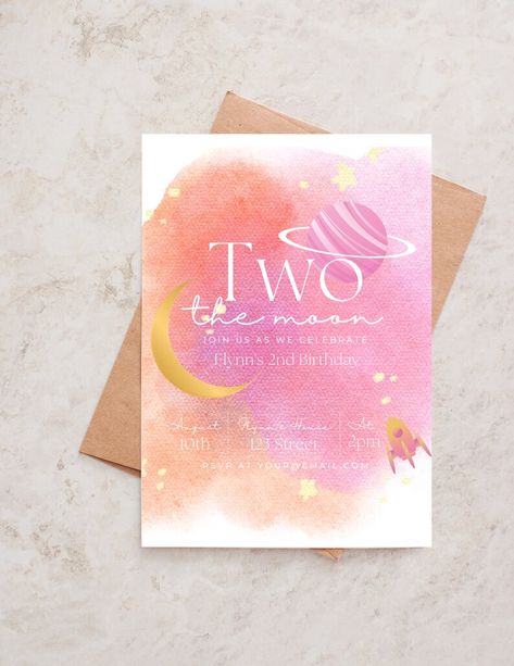 Two The Moon Birthday Party, Two The Moon, Pastel Galaxy, Space Birthday Invitation, Gold Galaxy, Outer Space Party, Toddler Birthday Party, Outer Space Birthday, Moon Party