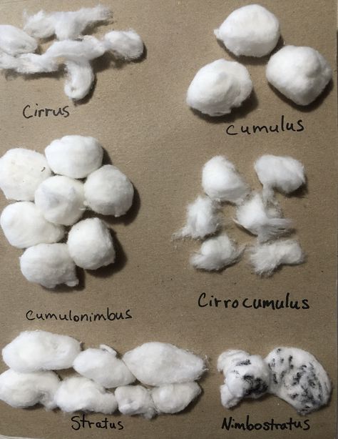 Making Clouds With Cotton Balls, Cotton Ball Clouds Craft, Clouds With Cotton Balls, Cotton Ball Clouds, Cloud Project, Cotton Ball Crafts, Types Of Clouds, Children Projects, How To Make Clouds