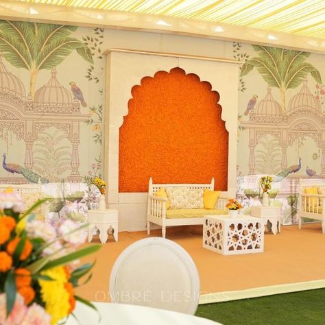 Intricate Mehndi Designs, Mehndi Celebration, Asian Wedding Decor, Mehendi Decor Ideas, Ganesh Chaturthi Decoration, Simple Stage Decorations, Ganpati Decoration At Home, Diy Floral Decor, Ganapati Decoration