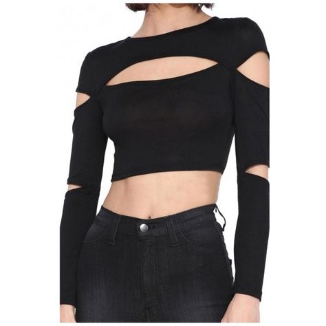 Chest&Sleeve Cutout Long Sleeve Crop Black T-Shirt ($13) ❤ liked on Polyvore Cutout Shirts, Shirts Crop, Summer Outfits For Teens, Crop Top Sweatshirt, Ropa Diy, Top Cropped, Long Sleeve Crop, Harajuku Fashion, Character Outfits