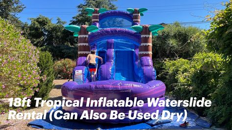 Tropical Inflatable Slide Rental from Lets Party Salinas. This 18 ft Tropical waterslide can be used dry or wet. Use as a waterslide on hot days or a dry slide on cooler days. #inflatable #partyrentals #eventrentals #inflatablerentals #partyplanning #eventplanning Water Slide Rentals, Bounce House With Slide, Inflatable Rentals, House Slide, Obstacle Courses, Bounce Houses, Cool Slides, Inflatable Bounce House, Purple Color Schemes