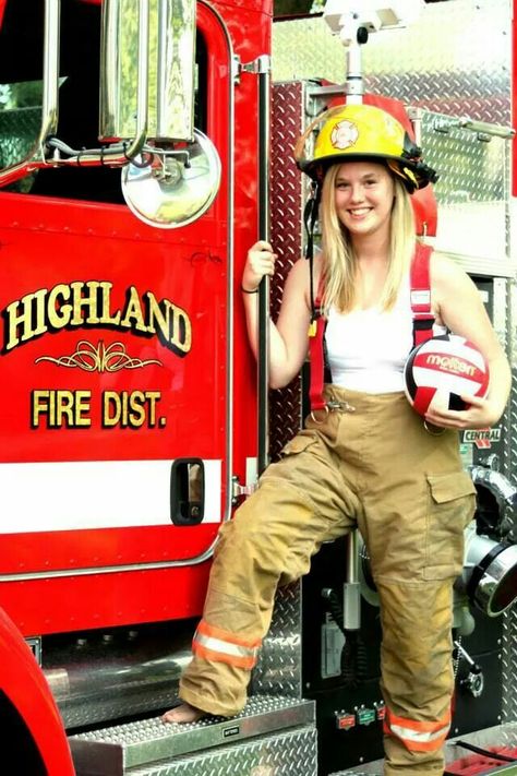 Fire truck senior pic Fire Truck Photoshoot, Fire Truck Senior Pictures, Fire Station Photo Shoot, Senior Firefighter Pictures High Schools, Senior Picture Firefighter, Senior Picture With Fire Truck, Female Firefighter Photoshoot, Budior Photoshoot Ideas Firefighter, Truck Senior Pictures