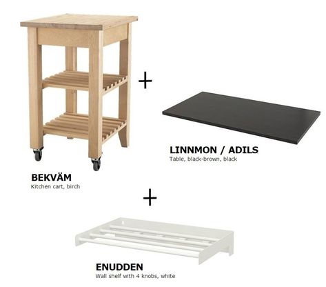 When we moved to Canada, I loved the rental we found, but hated the lack of counter-space.  IKEA has "kitchen carts"--but none of them had adequate surface on t… Ikea Kitchen Cart Ideas, Ikea Stenstorp Island Hack, Ikea Bekvam Trolley, Ikea Kitchen Cart Hack, Grillskär Ikea Hack, Kitchen Trolley Ideas, Dishwasher Island, Ikea Kitchen Trolley, Ikea Kitchen Cart