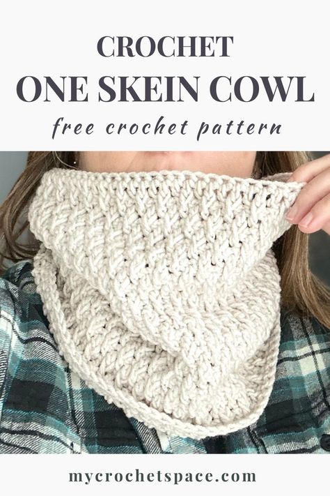 Crochet a cozy cowl with just one skein of yarn! This easy pattern, perfect for intermediate level crocheters, features a beautiful textured stitch. It's a quick and satisfying crochet project. Crochet Cowl Free Pattern, One Skein Crochet, Crochet Patterns Ideas, Crochet Pattern Instructions, Crochet Neck Warmer, Winter Crochet, Crochet Cowl Pattern, Quick Crochet Patterns, Cowl Knitting Pattern