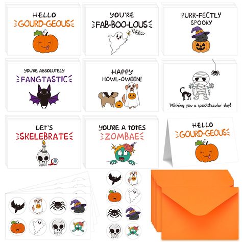 PRICES MAY VARY. Complete Halloween Greeting Card Set: this package includes 32 Halloween cards and envelopes with stickers, with an approximate size of 4 x 6 inches/ 10 x 15 cm, 4.13 x 6.1 inches/ 10.5 x 15.5 cm, and 1.18 inches/ 3 cm diameter respectively; With this set, satisfy your needs at once Vast Collection of Cute Designs: enjoy the variety of cute designs that our Halloween cards bulk has to offer; These color rich, artistic, and classic pattern cards are aesthetically pleasing and are Cute Halloween Cards, Halloween Invitation Card, Ball Inspiration, Trick Or Treat Party, Halloween Arts, Cake Ball, Pattern Cards, Lunch Notes, Halloween Arts And Crafts