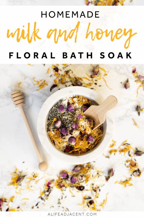 Learn how to make a floral DIY milk bath with powdered milk and honey. This easy homemade bath soak recipe is incredibly nourishing and moisturizing to dry skin. You can also use coconut milk powder for a vegan coconut milk bath! #alifeadjacent #bathandbody #bathsoak #DIYspa Milk And Honey Bath Soak, Honey Bath Soak, Diy Milk Bath, Milk And Honey Bath, Bath Tea Recipe, Floral Bath Soak, Diy Bath Soak, Milk Bath Recipe, Bath Soak Recipe