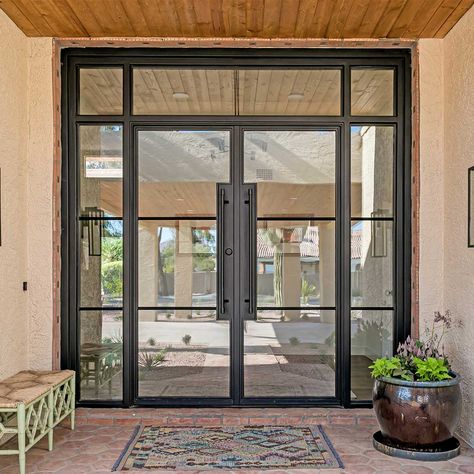 Iron Glass Doors Front Entry, Contemporary Glass Front Doors, Main Entrance Glass Door, Living Room Book Shelves, Room Book Shelves, Glass Entry Door, Door With Transom, Iron Entry Door, Glass Entrance Doors