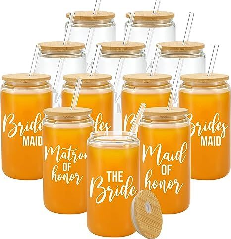 PREMIUM MATERIAL - The bridesmaid cups are made of transparent food-grade borosilicate glass, Easy carry and dishwasher safe. Bachelorette Party Favors - Bridal 12 pack beer glass cups with bamboo lids and Straws, Including 9 × Bridesmaid proposal Cups, 1 × bride cup, 1 × maid of honor cup, 1 x matron of honor 12 × glass straws. Beer Glass Cups, Bride Cup, Bridesmaid Cups, Gift For Engagement, Beer Glass Can, Maid Of Honor Gift, Wedding Court, Drink Straw, Maid Of Honour Gifts