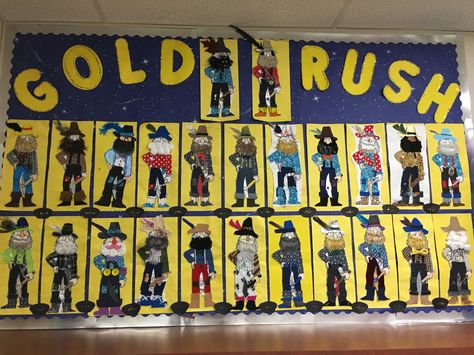 Gold Rush Bulletin Board Gold Rush Classroom, Gold Rush Day 4th Grade, Gold Rush Projects 4th Grade, Gold Rush Projects, Gold Rush Activities, 49ers Crafts, Rush Poster, Teacher Tricks, Gold Miners