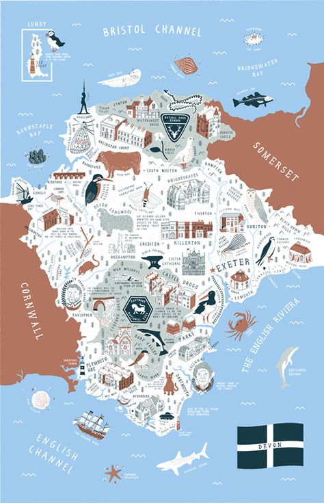 Devon Map by Stuart Hill                                                                                                                                                     More South Devon England, Bideford Devon, Devonshire England, Hill Illustration, Exeter England, Exeter Devon, Illustrated Maps, Map Illustration, Devon Uk