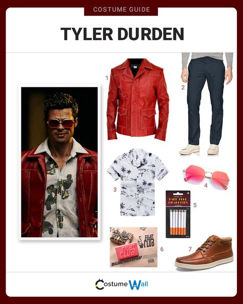 Dress like the coolest cult leader around, Fight Club's Tyler Durden, as played by Brad Pitt in the 1999 film. Tyler Durden Outfit Ideas, Tyler Durden Cosplay, Tyler Durden Costume, Spirit Costume, Costume Carnaval, Movie Halloween Costumes, Cult Leader, Costume Guide, Best Costume