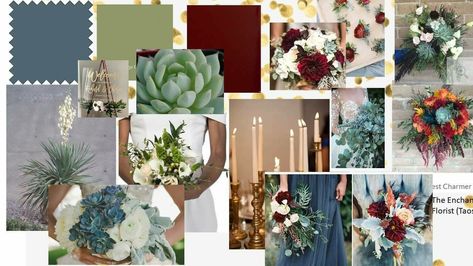 Wedding colors. Dusty blue. Sage. Deep burgundy.  Gold.  Succulent Wedding Colors Dusty Blue, Sangria Wedding, Blue Green Wedding, Dining Room Blue, 2025 Wedding, Green Palette, Blue Sage, June Wedding, Wedding Preparation