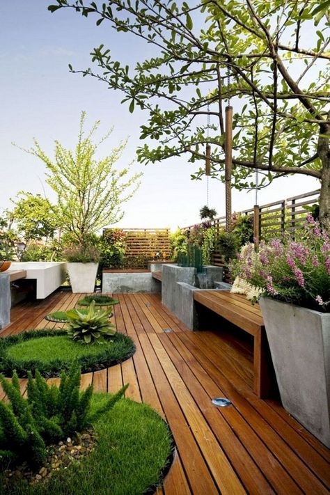 This scene portrays a wooden patio floor that is accessorized by small plants and patches of trimmed grass. A bench is also complemented by a collection of small plants and trees. It is a mixture of both traditional and contemporary designs. Deck Landscaping, Garden Ideas To Make, Roof Garden Design, Terrasse Design, Rooftop Terrace Design, Rooftop Design, Contemporary Patio, Rooftop Patio, Cozy Seating