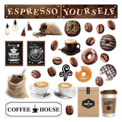 PRICES MAY VARY. Complete Bulletin Board Set: you will receive 5 kinds of coffee beans, 8 pieces for each type, 5 types of doughnuts, 2 pieces for each type, 4 types of coffee mugs, 2 pieces for each type, 2 types of light bulbs, 5 types for each type, 3 types of coffee bags, 2 pieces for each type, 3 pieces of headlines, 5 pieces fog sign, 5 pieces tassels, and 2 pieces small coffee themed posters, 100 glue points, a complete set with sufficient quantity to meet your decoration needs Long Term Cafe Bulletin Board, Coffee Classroom, Cafe Classroom, Decor For Classroom, 14th Birthday Party Ideas, Staff Lounge, Industrial Cafe, Types Of Coffee, Coffee Bags