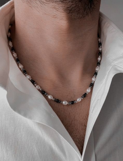 Mens Necklace Beads Handmade, Men With Pearl Necklace Outfit, Beaded Accessories For Men, Men Crystal Necklace, Mens Necklace Beads, Black Necklace Men, Beaded Necklace Men Aesthetic, Beaded Necklace Designs For Men, Beaded Mens Necklace