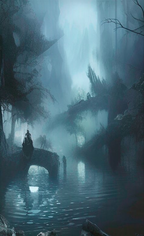 River Lethe Aesthetic, Mythical World Art, Lethe River Underworld, Fantasy River Art, Forgotten Memories Aesthetic, Water Fantasy World, Ocean Fantasy Aesthetic, Underworld Fantasy Art, Dark Fantasy Artwork Mythology