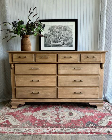 (SOLD) This beauty needs to have a few stills to complement her reel ❤️ Maple dresser stripped and paint washed using m@wiseowlpaint in the color Leatherwood. Sealed with a matte top coat and new adjustable hardware put on. Ready to be loved for another 50+ years. 🌟Swipe to see the before and be sure to hit FOLLOW to see more transformations! #furnitureflip #dressermakeover #stripped #beforeandafter Renovated Dresser, Maple Dresser, Style Dresser, Beauty Needs, Matte Top Coat, Painted Dresser, Dresser Makeover, Furniture Renovation, To Be Loved