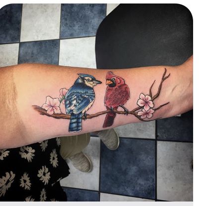 Cardinal And Blue Jay Tattoo, Cardinal Tattoos For Women, Cardinal And Blue Jay, Red Cardinal Tattoos, Small Cardinal Tattoo, Blue Jay Tattoo, Jay Tattoo, Winter Tattoo, Memorial Tattoo Designs