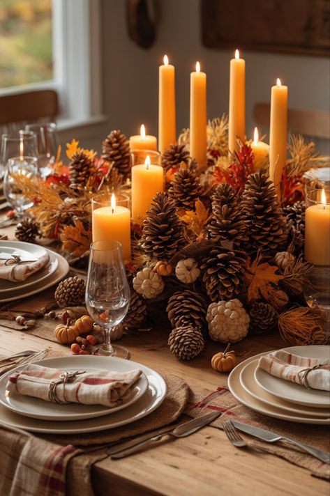 Pinecone Tablescape, Pine Cone Table Setting, Pine Cone Thanksgiving Centerpiece, Thanksgiving Table With Fairy Lights, Fall Table Decor Pinecones, Warm Fall Decor, Spode Woodland Tablescape Thanksgiving Table, Fall Dining Table Decor, Fall Dining Table