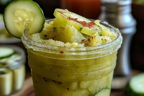 Pickle Slushy Recipe - recipestasteful Pickle Juice Recipe, Fun Straws, Slushie Recipe, Spicy Pickles, Pickle Slices, Pickle Butter, Cucumber Juice, Homemade Pickles, Pickle Juice