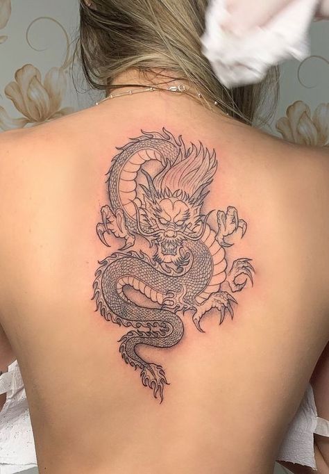 Feminine Dragon Tattoo For Women, Dragon Tattoo Back, Dragon Tattoo Meaning, Red Dragon Tattoo, Tato Naga, Flower Spine Tattoos, Dragon Tattoo Ideas, Dragon Tattoo For Women, Spine Tattoos For Women