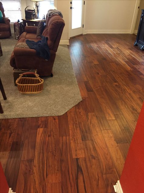 Acacia wood floor with carpet inset Wooden Floors Living Room, Cheap Wood Flooring, Acacia Wood Flooring, Cheap Flooring, Hardwood Floors Dark, Cheap Carpet, Wood Laminate Flooring, Basement Flooring, Home Building Design