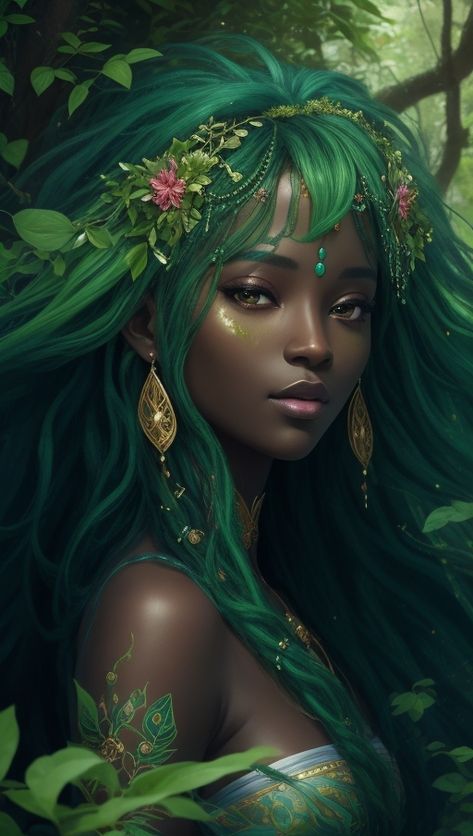 This artwork is a true masterpiece, showcasing the enchanting presence of the goddess of nature. She is depicted with sparkling, flowing green hair that embodies the essence of nature's vitality. Her dark skin beautifully complements the lush greenery that surrounds her. Goddess Of The Earth, Goddess Of Nature Fantasy Art, Black Elf Woman, Nature Goddess Art, Elf Goddess, Goddess Makeup Look, Goddess Of Earth, Goddess Of Nature, Flower Goddess