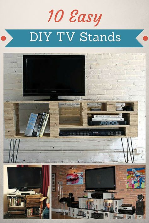 Make your own TV stand with one of these DIY ideas for an entertainment center on the cheap. Diy Tv Stand Easy Cheap, Tv Stand Diy, 65 Tv Stand, Creative Headboard, Diy Tables, Basement Fireplace, Under Tv, Diy Storage Rack, Boho Office