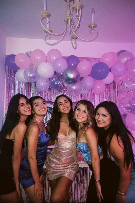 Group of girlfriends posing for a picture on a disposable camera. Euphoria vibe in the back with pink, purple, and silver balloon arc and glitter 18th Birthday With Friends, Purple Pink And Silver Birthday Party, Birthday Party Photos Friends, Purple Balloons Birthday, Birthday Outfit With Friends, Euphoria Birthday Party Outfits, 18th Birthday Party Outfit Dresses, Bday 17 Birthday Party Ideas, 18th Birthday Party Ideas Euphoria