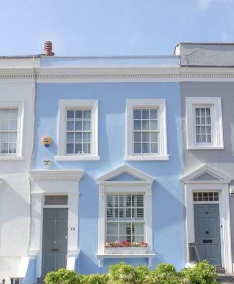 Baby Blue House Exterior, Blue Home Exterior, Front Landscape, Pastel Home, Home Exteriors, Paint Color Inspiration, Patio Inspiration, Pastel House, Budget Patio