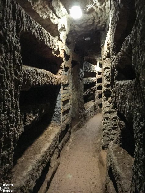 Catacomb of Priscilla is an archaeological site on the Via Salaria in Rome, Italy, situated in what was a quarry in Roman times. This quarry was used for Christian burials from the late 2nd c.through the 4th c.This catacomb, according to tradition,is named after the wife of the Consul Manius Acilius Glabrio;he is said to have become a Christian and was killed on the orders of Domitian.Some of the walls and ceilings display decorations illustrating Biblical scenes. photo Bizarre Globe Hopper Roman Catacombs, Underground Passage, Rome Catacombs, Roman Culture, Haunted Locations, Eerie Places, Haunting Photos, Christmas Props, The Catacombs