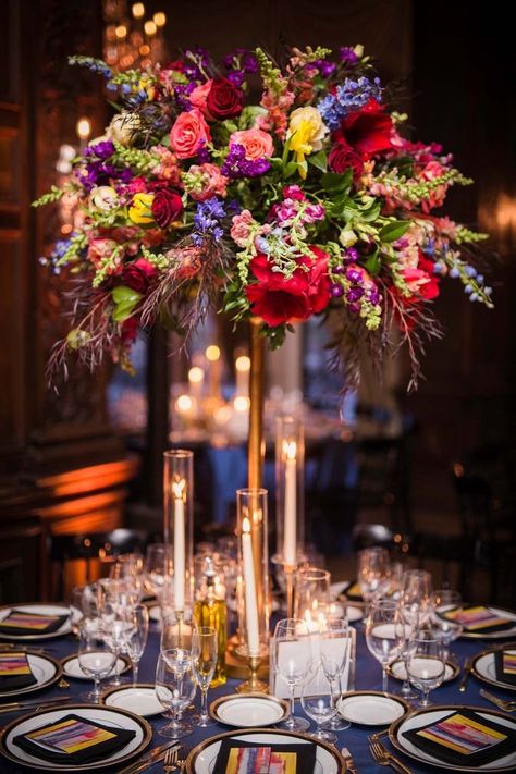 Bright Colour Flowers Wedding, Colourful Flower Centerpieces, Bright Color Wedding Reception, Tall Colorful Centerpieces, Vibrant Wedding Reception, Multi Color Flower Centerpieces, African Inspired Wedding Flowers, Colourful Wedding Centerpieces, Colorful Centerpieces Wedding