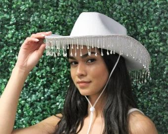 Bridal shower hat | Etsy Cowboy Hat Party, Cowgirl Hats Western, Pink Cowboy Hat, Hat Party, Rhinestone Fringe, Chapeau Cowboy, Casual Outwear, Western Cowboy Hats, White Bride