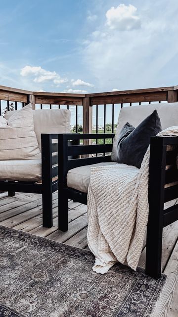 Jenna Brubacher on Instagram: "A new look for our DIY chairs! Do you prefer the wood tone or black look? I like both, but I’m hoping the black stain holds up better! #diyfurniture #diymama #patiodesign #outdooroasis #cljsquad #summerproject #homedepot #bhghome #hgtvhome #hgtvmagazine" Black Wood Outdoor Furniture, Black Patio Furniture Ideas, Sanctuary Garden, Black Patio Furniture, Diy Chairs, Black Outdoor Furniture, Porch Diy, Hgtv House, Sunroom Furniture