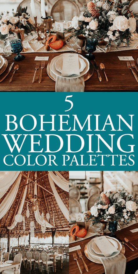 All these color palettes captures the eclectic spirit, warmth, and natural elements associated w/ boho celebrations | Images by Melissa Marshall Bohemian Centerpieces, Bohemian Wedding Colors, Melissa Marshall, Bohemian Color Palette, Boho Wedding Colors, Bohemian Chic Weddings, Wedding Color Palettes, Celebration Images, Wedding Bohemian