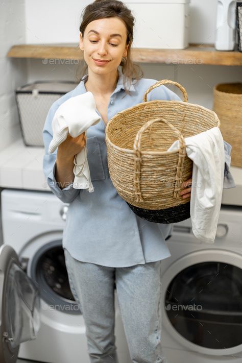 Laundry Business, Portfolio Booklet, Portfolio Pdf, Happy Housewife, Clean Clothes, Business Photoshoot, White Clothes, Washing Basket, Photo Portfolio