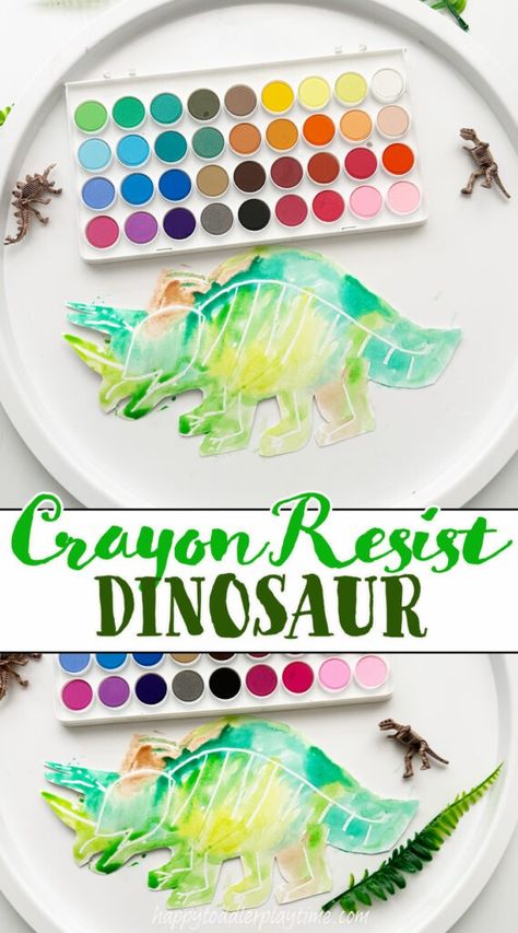 Crayon Resist Dinosaur - Happy Toddler Playtime Prek Dinosaur Crafts, Dinosaur Theme Preschool Crafts, Toddler Dinosaur Activities, Dinosaur Process Art, Dinosaur Lessons For Preschool, Dinosaur Stem Activities, Dinosaur Art For Toddlers, Dinosaur Preschool Crafts, Dinosaur Exploration