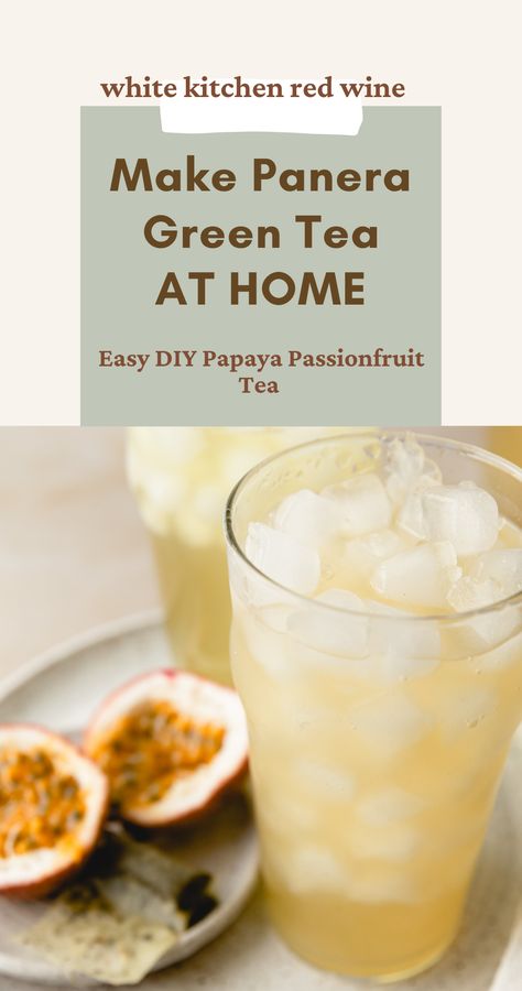 Make this easy Panera Green Tea at home! Easy DIY Panera Bread Green Tea Recipe. Panera Green Tea Passion Fruit Papaya, Passion Papaya Green Tea Recipe, Panera Passion Papaya Green Tea Recipe, Panera Green Tea Recipe, Panera Bread Green Tea Recipe, Panera Bread Recipes, Panera Green Tea, Green Tea At Home, Passionfruit Green Tea