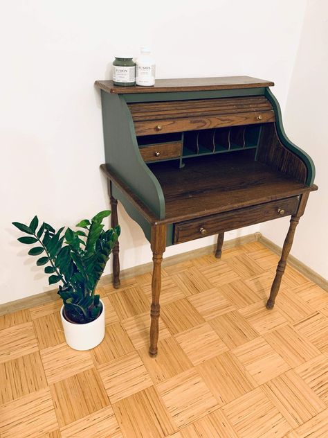 Roll Top Secretary Desk Makeover, Refinished Roll Top Desk, Rolltop Desk Repurpose, Roll Top Desk Makeover Ideas, Desk Restoration Ideas, Desk Painting Ideas Creative, Desk Painting Ideas, Secretary Desk Makeover Ideas, Painted Desk Ideas