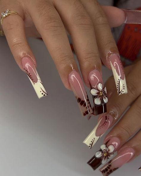 Meleana on Instagram: "Browns 🤎
.
.
#brownnails #flowernails #3dflowernails #3dnailart #3dnails #nailart #crocodilenails #frenctips #frenchtipnails #sanails #satxnails #sanantonionailartist #sanantonionailtech #sanantonionails #210nails #acrylicnails #trendynails #nailsonpoint #nailaddict #texasnails #nailsofinstagram #sanantonionailart #sanailart #satxnailart #210nailart #fallnails #neutralnails #autumnnails #pumpkinnails #fallnailart" Brown Fall Sets Nails, Brown Theme Nails Acrylic, Brown Airbrush Acrylic Nails, Xl Brown Acrylic Nails, Brown Frenchies Nail, Latina Nails, Pumpkin Nails, French Acrylic Nails, Girly Acrylic Nails