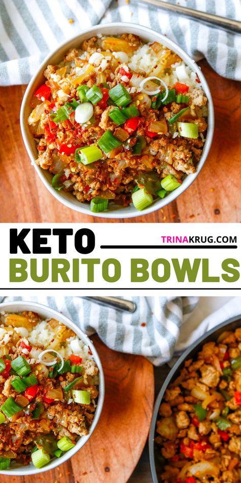 Drop the high carb tortilla and make these delicious keto burrito bowls! Filled with meat and veggies. Get creative with the toppings and make something for everyone! Keto Burittos Bowls, Keto Egg Burrito, Low Carb Mexican Bowl, Keto Burrito Bowl Ground Beef, Keto Wet Burrito Recipe, Keto Lunch Bowls, Keto Taco Bowl Low Carb, High Protein Low Carb Taco Bowl, Keto Protein Bowls