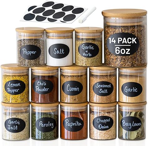 14 pc Glass Jars with Bamboo Lids (6oz) + Rewritable Label Set | Mini Clear Glass Airtight Spice Jars | Food Storage Containers for Home Kitchen, Tea, Herbs, Sugar, Salt, Coffee, Flour, Herbs, Grains : Home & Kitchen Lemon Seasoning, Tea Herbs, Small Glass Jars, Kitchen Prices, Glass Storage Containers, Glass Spice Jars, Kitchen Jars, Glass Jars With Lids, Pantry Labels