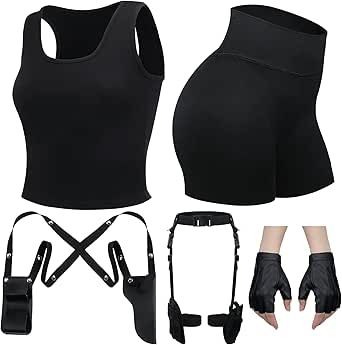 Jiuguva 5 Pcs Halloween Thigh Holsters Costume Includes Black Racerback Sleeveless Crop Tank Tops Running Shirt Spandex Shorts for Women Half Finger Driving Gloves Drop Leg Gun Holster Drop Leg Pouch Leg Pouch, Thigh Holster, Running Tank Tops, Driving Gloves, Spandex Shorts, Shorts For Women, Running Shirts, Cropped Tank Top, Crop Tank