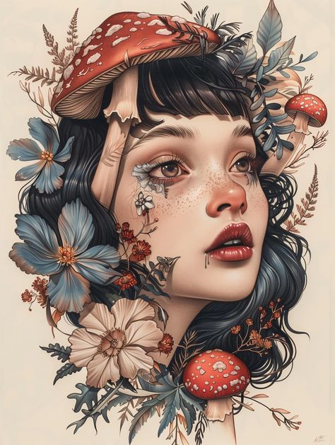 Woman Illustration Tattoo, Face With Flowers Drawing, Mushroom Lady Art, Realistic Art Drawings, Head Down, Mushroom Woman, Mushroom Illustration, Mother Nature Tattoos, Painting Of A Woman