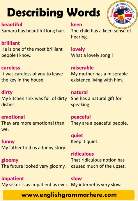 20 Describing Words and Example Sentences in English 20 describing words and example sentences; Describing For PEOPLE Vocabulary 1. beautiful Samara has beautiful long hair. 2. brilliant He is one of the most brilliant people I know. 3. careless It was careless of you to leave the key in the house. 4. dirty My kitchen sink was full of dirty dishes. 5. emotional They are more emotional than we. 6. funny My father told us a funny story. 7. gloomy The future looked very gloomy. 8. impatient My sist Pokemon Card Template, Essay Outline Template, Vocabulary Sentences, Jesus Coloring Pages, Describing Words, Creative Writing Tips, Descriptive Words, Word Sentences, Vocabulary List