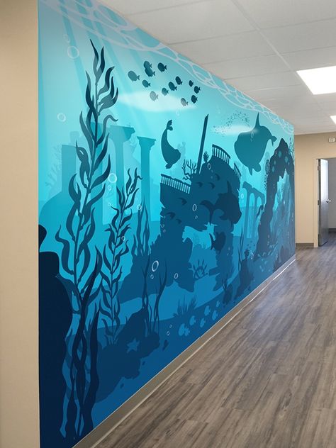 Shark Mural, Kids Bedroom Themes, Underwater Bedroom, Sea Murals, Ocean Mural, Pirate Room, Underwater Plants, Interior Murals, Forest Mural