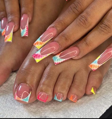 Matching Toes And Nails Ideas, Matching Toes And Nails, Matching Nail And Toe Sets, Toes And Nails, Multicolored Nails, Acrylic Toes, Acrylic Toe Nails, Girly Acrylic Nails, Dope Nail Designs