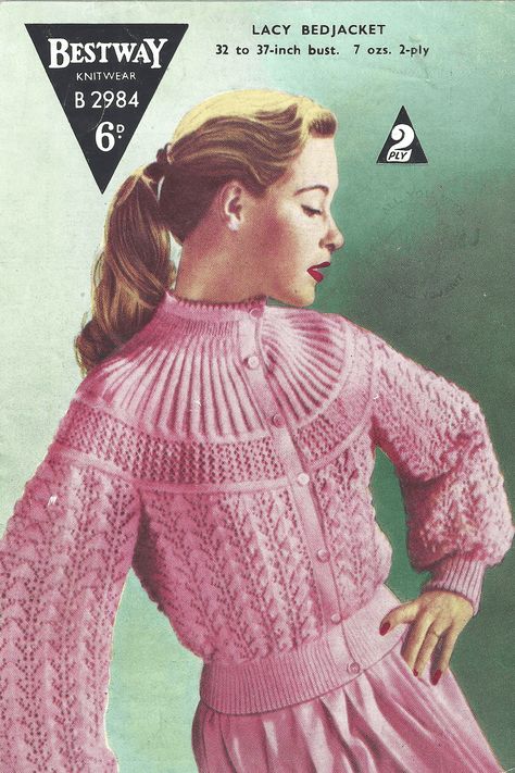 A gorgeous lacy bedjacket in 2 Ply. Make it in pretty pastels for pure 40's fantasia or in bold primaries for a contemporary twist. Make bedtimes great again! Womens Knitting Patterns, Jumper Knitting Pattern, Vintage Knitwear, Vintage Knitting Patterns, Vintage Bed, Rose Vintage, Pink Bedding, Jacket Pattern, Vintage Knitting