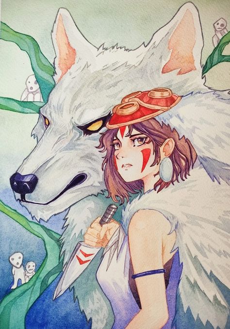 Watercolor Art Illustration Anime Fanart Comics Colors  https://www.instagram.com/p/C-32zHcyEaG/?img_index=1  https://www.facebook.com/photo?fbid=122104219046474800&set=a.122099953220474800 Studio Ghibli Illustration, Princess Mononoke Fanart, Ghibli Illustration, Ghibli Fanart, Mark Gonzales, Studio Ghibli Fanart, Illustration Anime, Ghibli Artwork, Studio Ghibli Art