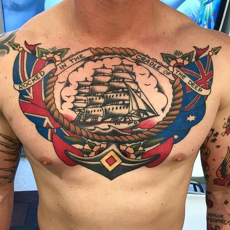 sailor Jerry’s tattoos Chest Piece Tattoo, Traditional Ship Tattoo, Traditional Back Tattoo, Traditional Chest Tattoo, Eagle Chest Tattoo, Small Traditional Tattoo, Phönix Tattoo, Traditional Tattoo Old School, Sailor Tattoos